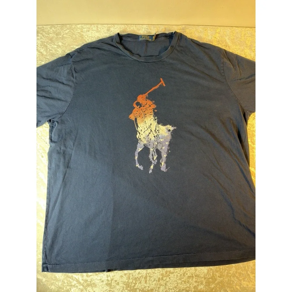 Polo Ralph Lauren Big Pony T Shirt Mens 2XB Navy Distressed Graphic Tee